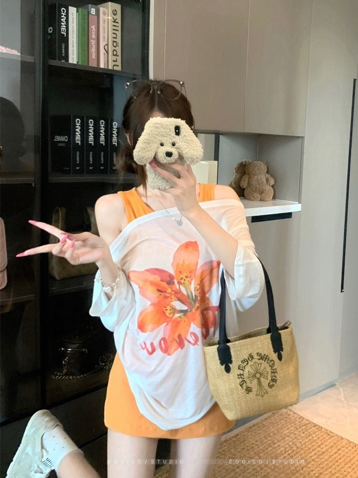 Korean style sweet floral letter print short sleeve T Women's Summer T-shirt2025New off-shoulder design casual top