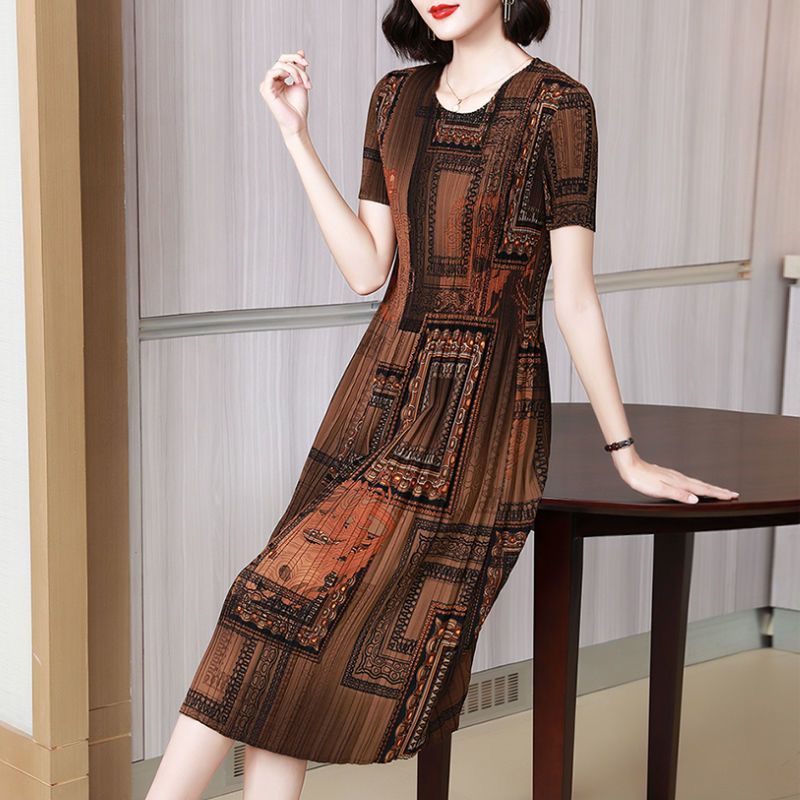 Pleated Printed Short Sleeve Mid-Length Mom Dress2025Summer Retro Round Neck Casual Loose Plus Size Dress