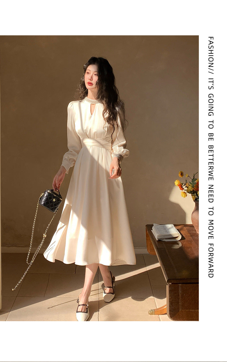 French A Line skirt2025Spring and Summer New Women's Long Sleeve Dress Waist Slimming Elegant Acetate Satin Long Dress