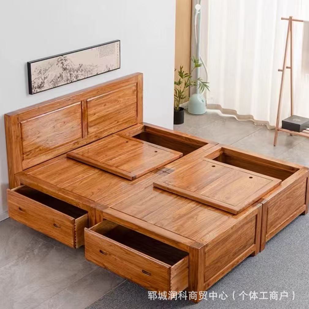 Old Elm Solid Wood Bed Modern Simple Bed Homestay Internet Celebrity Rental Dormitory Falcon Rivet Tatami Hard Board Bed
