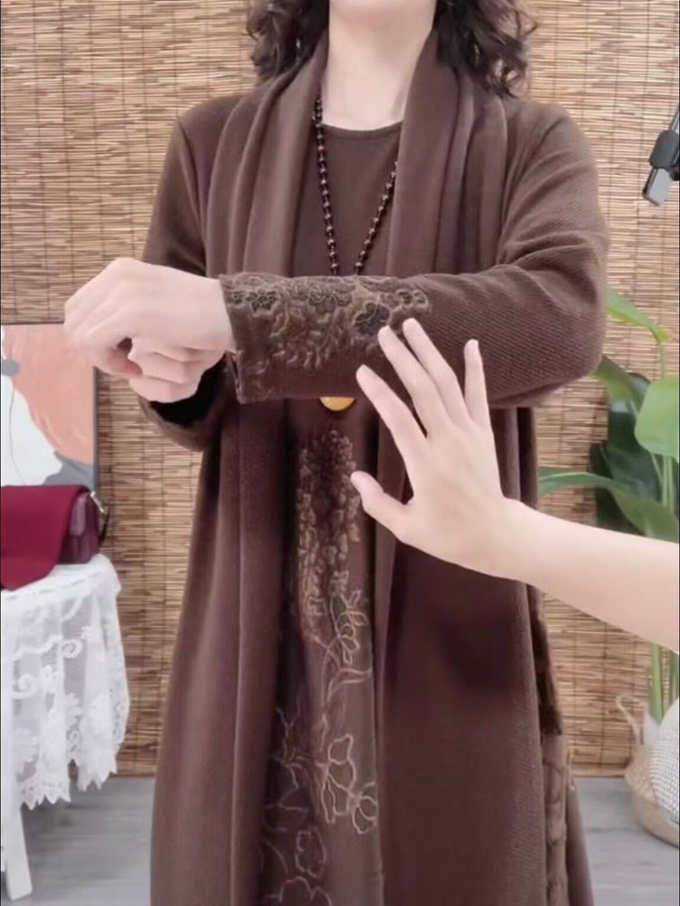 High-End Boutique New Autumn Winter Fashion Elegant Middle-Aged Women's Long Dress Slimming Dress with Scarf