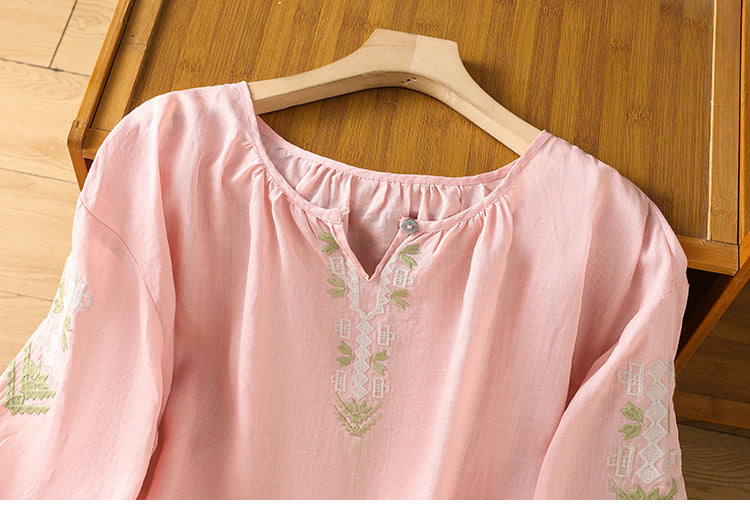 2025Summer New Vacation Ethnic Style Ramie Embroidered Round Neck Shirt for Women Loose Sun Protection Versatile Air Conditioning Shirt