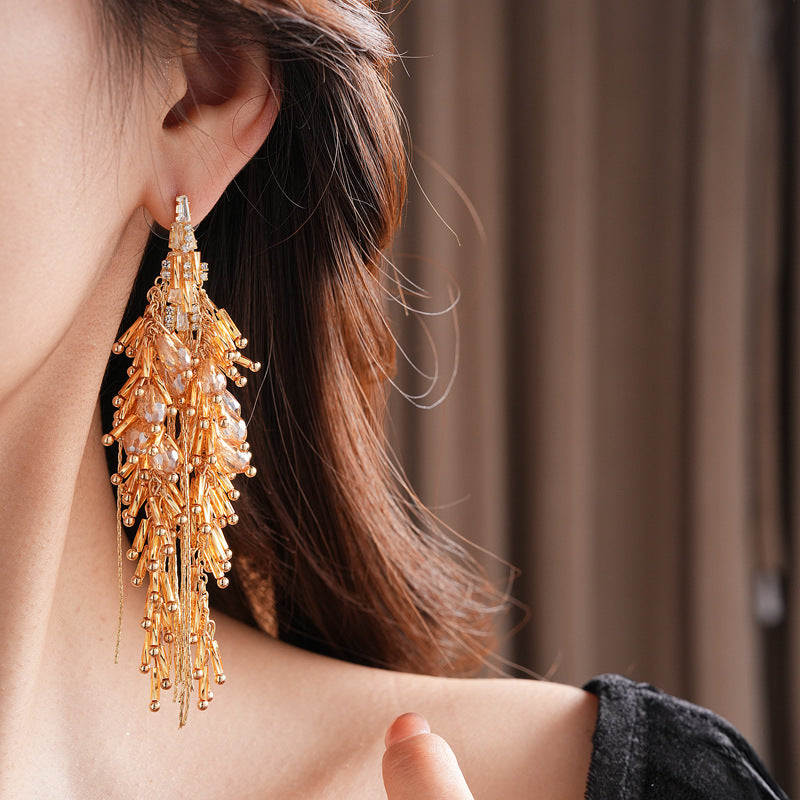 Silver Needle Inlaid Diamond Glass Tassel Earrings Fashion European and American Exaggerated Heavy Craft Stud Earrings Light Luxury High-end Niche Earrings for Women