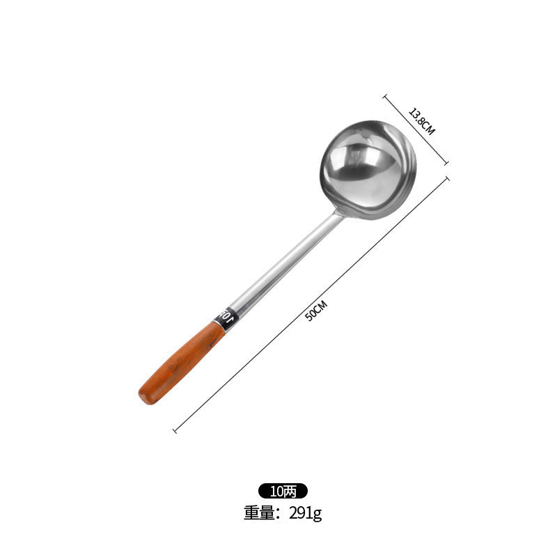 Stainless Steel Stir-Fry Spoon Chef's Stirring Spoon Long Handle Soup Spoon Serving Spoon Stir-Fry Spoon Kitchen Spatula Wooden Handle Pot Spatula Spoon