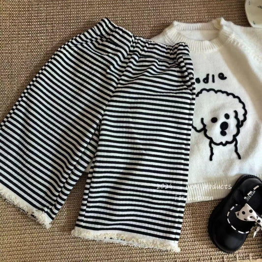 Sweet Little Girl Autumn Sweater Pants Set Cartoon Top with Striped Long Pants Two-Piece Korean Style Children's Clothing