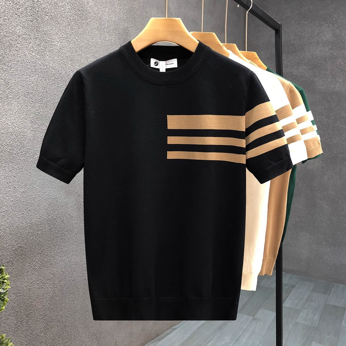 2025New Short Sleeve Knitted Shirt for Men, Striped, Simple, High-End Business, Mature, Slim Fit, Ice Silk T Men's Shirt