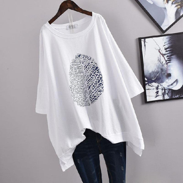 200Plus Size Women's Summer Leaf Print Casual Split Mid-Length Short Sleeve Dress T Women's Loose Fit Plus Size Shirt