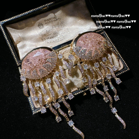 Sparkling Paphos Cloud Pattern Jellyfish Tassel Gemstone Earrings The Joy of a Rich Woman Egg-shaped Princess Pink Earrings