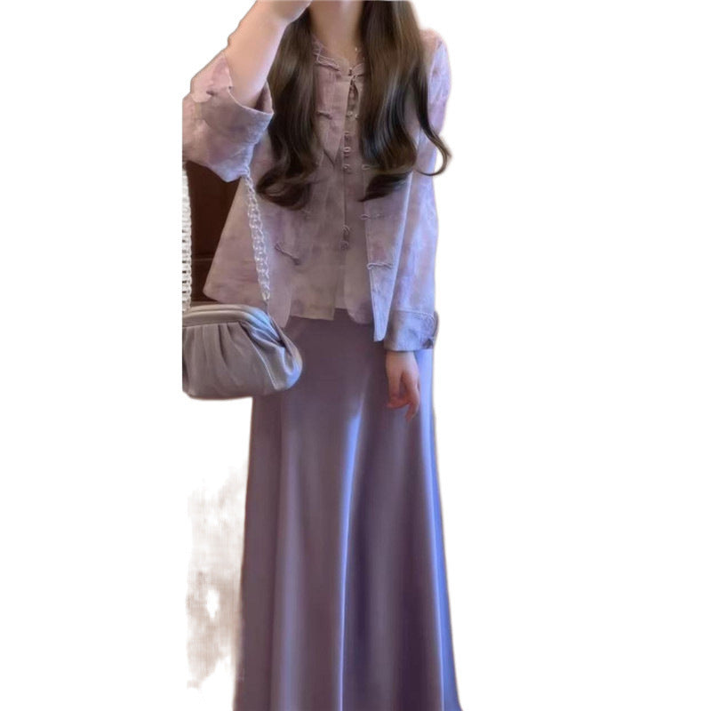 Purple Qi Dong Lai New Chinese Style National Style Purple Button Sleeveless Vest&Skirt&Round Neck Vest Set for Women in Spring