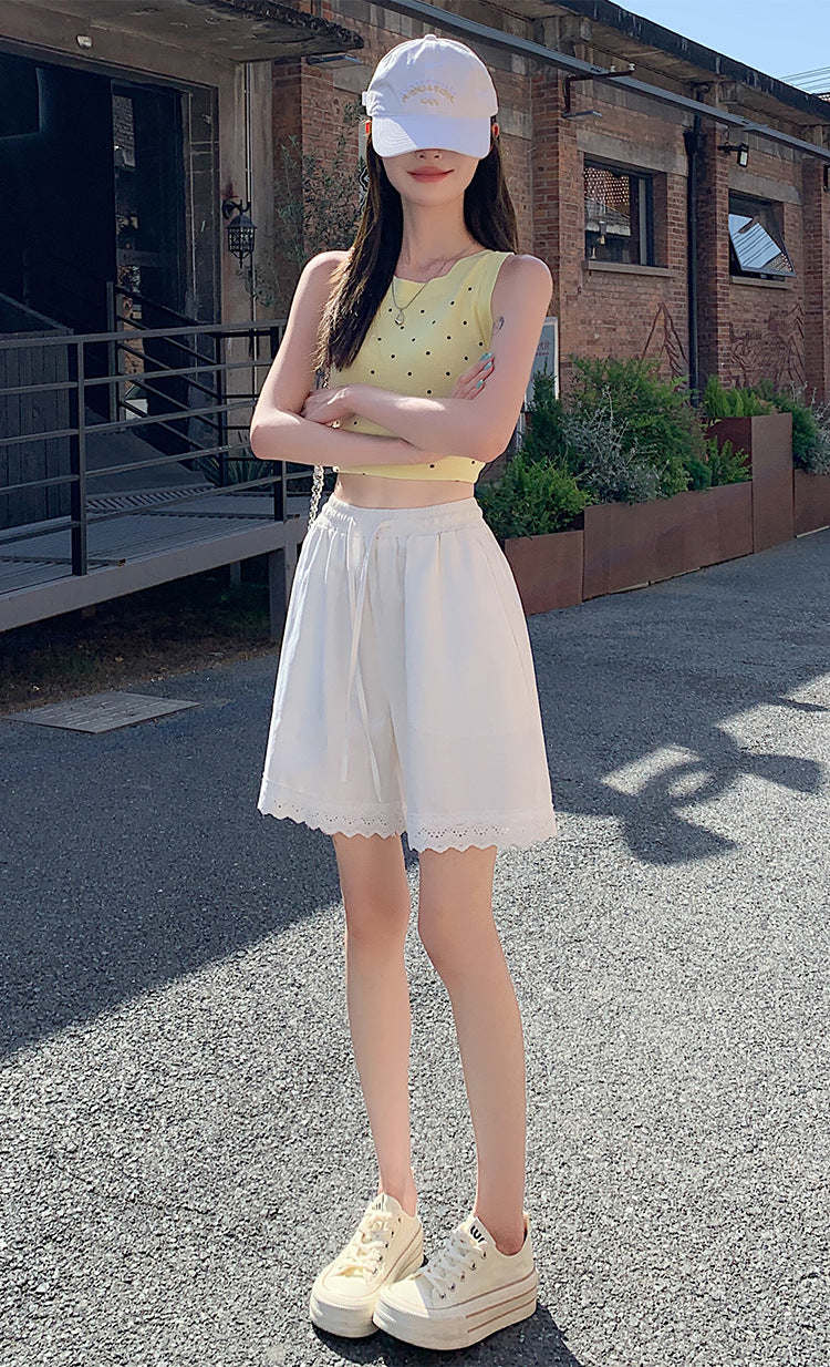 Japanese Style Wide-Leg Jeans for Women2025High Waist Lace Trim Casual Shorts Loose Straight Five-Point Shorts Trendy