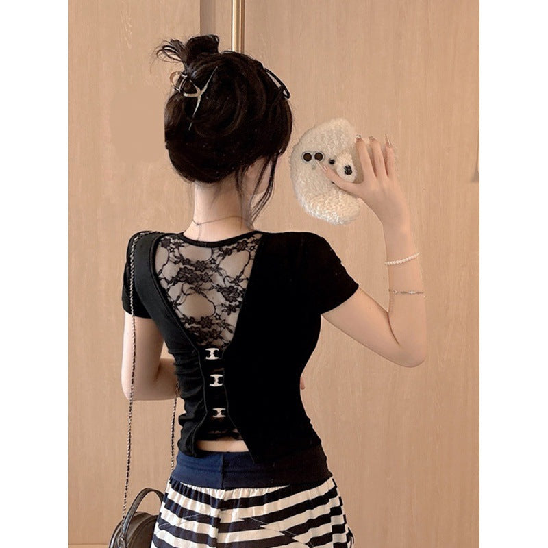 White u Pure Desire Slim Fit Tight Shoulder Short Sleeve t Women's Summer Shirt with Chest Pads Lace Hollow Out Hot Girl Short Top Black