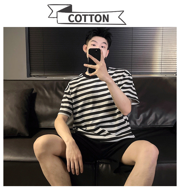 Couple Summer New Pajamas Women's Short Sleeve Imitation Cotton Nightdress Korean Style Wearable Men's Homewear Striped Set