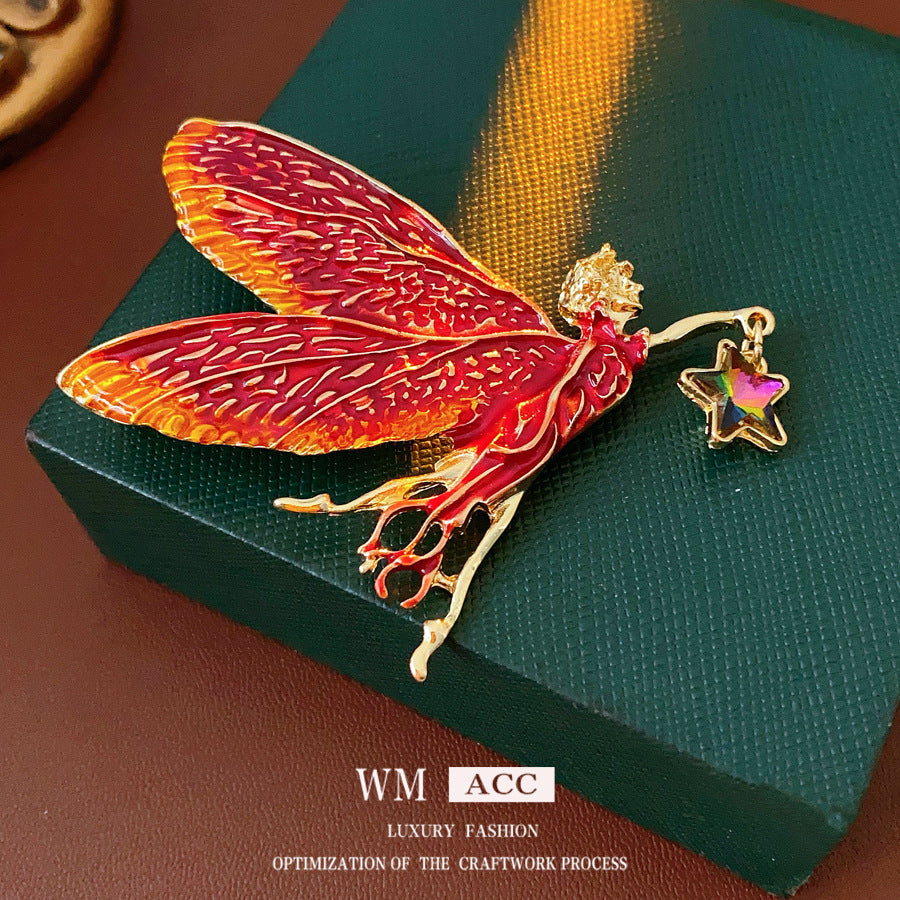 Medieval vintage Enamel Brooch with Inlaid Diamonds and Oil Drop Wings Fairy Pin Brooch High-end Fashion Accessory for Women