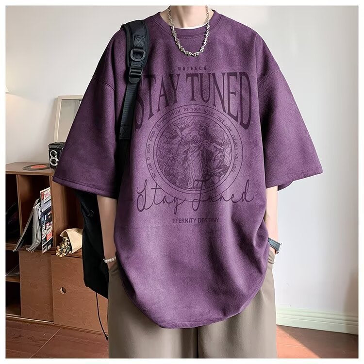 2025New Faux Suede Short Sleeve Men's Summer New American Style Heavyweight Trendy Loose Half Sleeve T Trendy Five-Sleeve Shirt