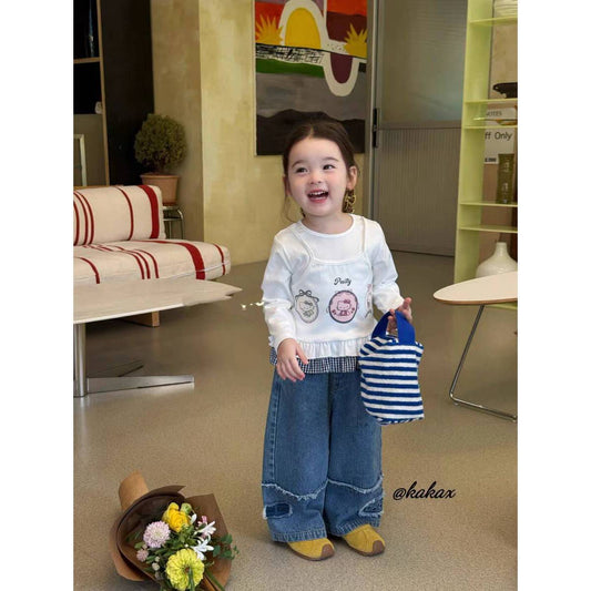 Sweet Little Girl Autumn Long Sleeve Outfit T New Korean Style Fashionable Baby Girl Fake Two-Piece Lace Base Shirt Top