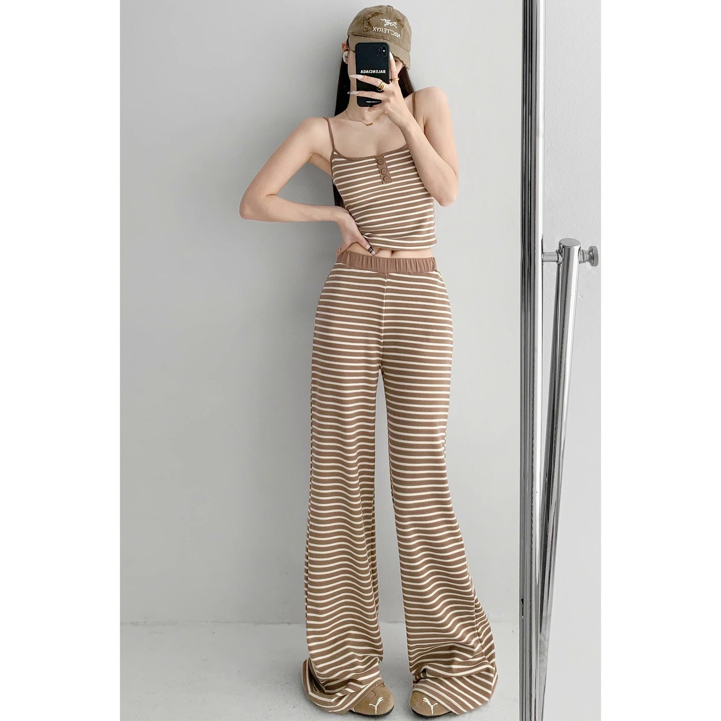 Home Lazy Relaxed Striped Slimming Wide-Leg Pants for Women Summer Hot Girl Fashion Camisole Vest Casual Two-Piece Set