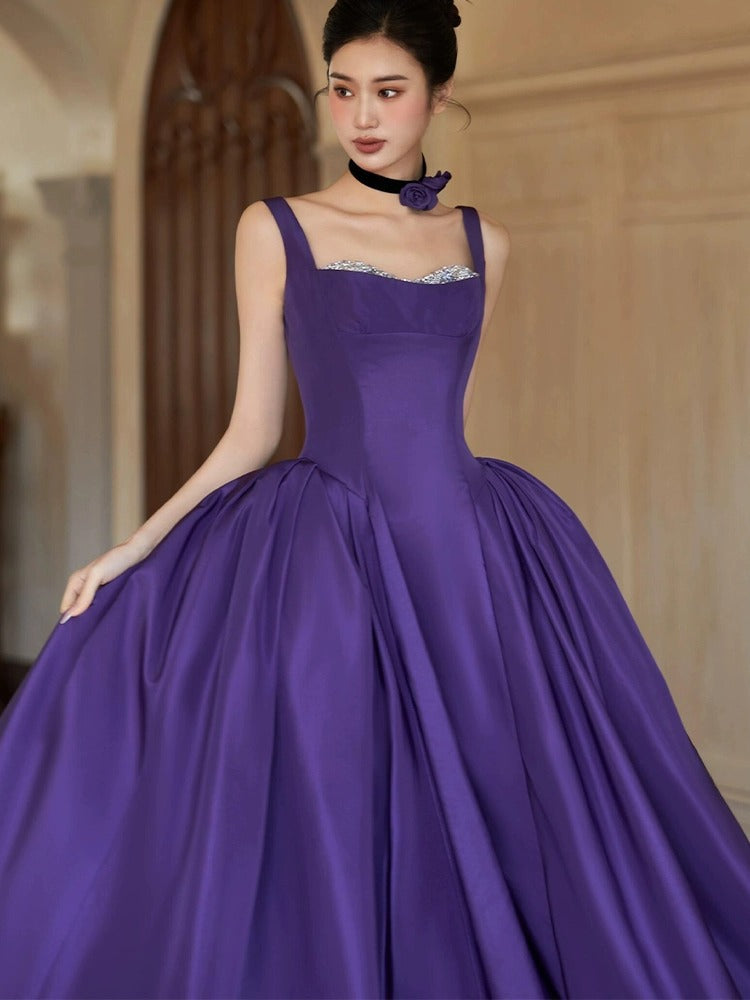 Purple suspender elegant evening dress for birthday party and coming-of-age ceremony2025New Sleeveless Long Dress Satin Elegant Gown