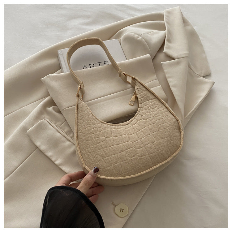 Solid Color Elegant Women's Bag2024Trendy Korean Style Autumn Winter New Stone Pattern Underarm Bag Casual Shoulder Handbag