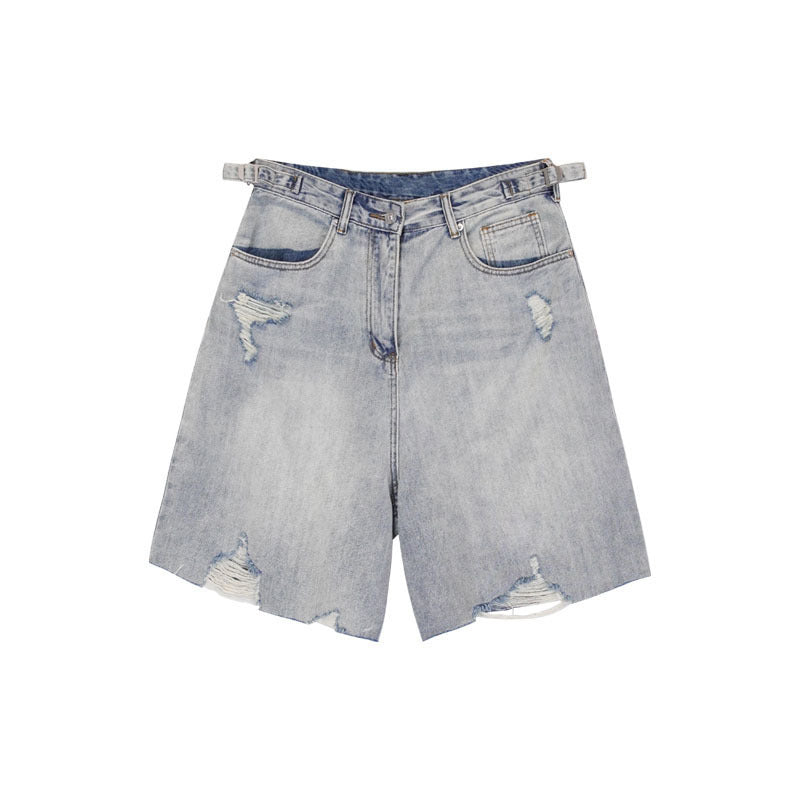 American Style Retro Washed Distressed Denim Shorts for Men Summer Cool Casual Loose Wide-Leg Five-Point Shorts