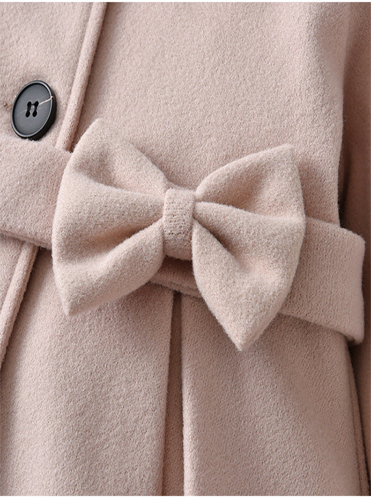 Cross-Border E-commerce Children's Coat Autumn Girls' Bow Thickened Korean Style Mid-Length Woolen Coat Manufacturer Wholesale