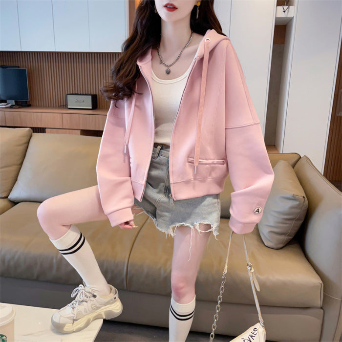 Spring and Autumn Short Hooded Sweatshirt Jacket for Petite Women, New Thin Loose Stylish Zipper Cardigan for Autumn and Winter