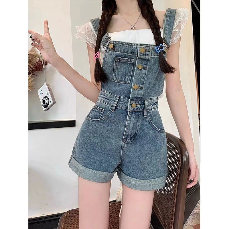 Internet Celebrity Youthful Denim Strap Shorts for Women Summer2025New Workwear Wide-Leg Hot Pants with a Sense of Design and Strap Design