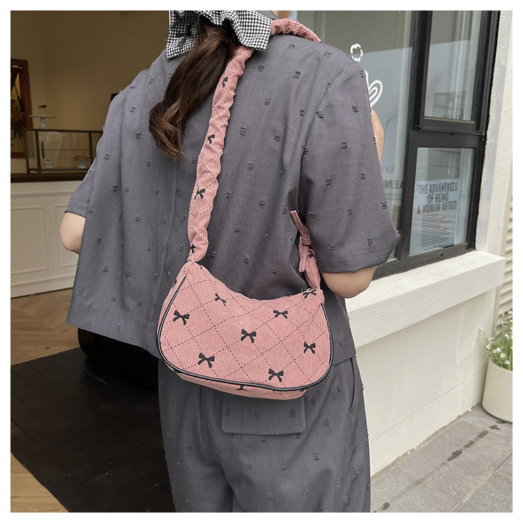 Sweet Bow Plaid Single Shoulder Underarm Crescent Bag2024Autumn new simple casual large capacity handbag