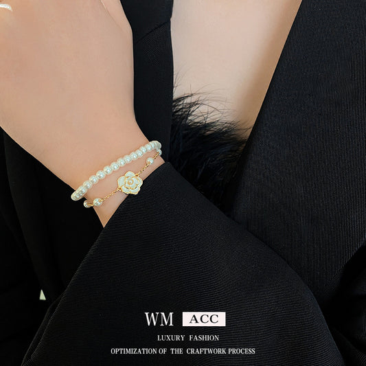 Real Gold Plated Oil Drop Camellia Pearl Bracelet Elegant Temperament Bracelet Light Luxury High-end Earrings Manufacturer Wholesale