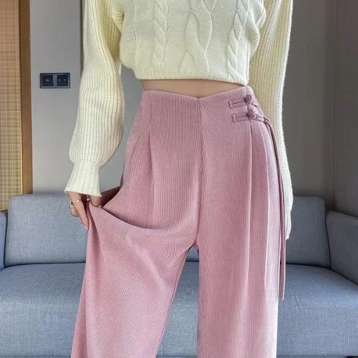 Maillard2025Autumn Winter New Chinese Style Buttoned Fleece Chenille Wide-Leg Pants for Women High Waist Draped Straight-Leg Casual Pants