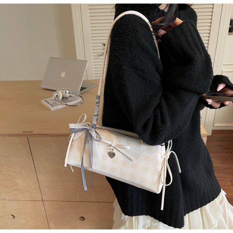 Dopamine Plaid Handbag Small Tote Bag for Women Summer2025New Ballet Style Bow Baguette Bag Underarm Bag Trendy