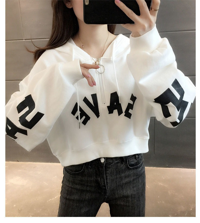 Half Zipper Hooded Short Petites Sweatshirt Women2025New Early Autumn Thin High-Waisted Stylish Streetwear Jacket Trend
