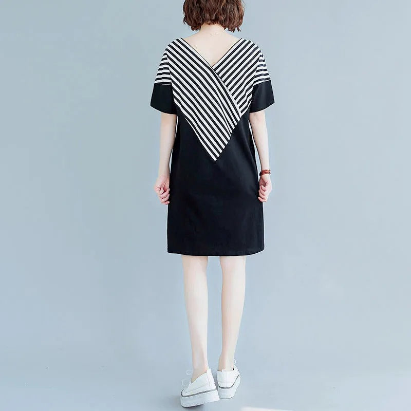 Korean Style Mid-Length Short-Sleeve Striped Patchwork Skirt, Belly-Covering, Slimming, Plus Size, Loose-Fit, Casual V Women's Trendy Collared Dress