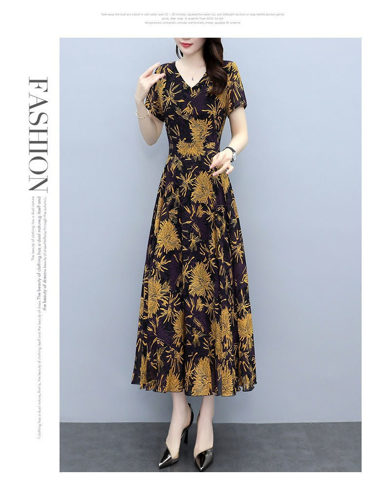 2022Summer New Chiffon Floral Dress Slimming Waist Plus Size Women mm Tummy-Covering Elegant Long Dress