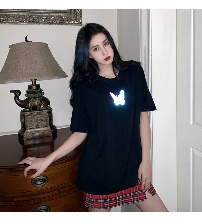 Summer2025New Year's Trendy Internet Celebrity Couple Outfit Reflective Butterfly Short Sleeve t Women's Summer T-shirt ins Super Popular Short Top