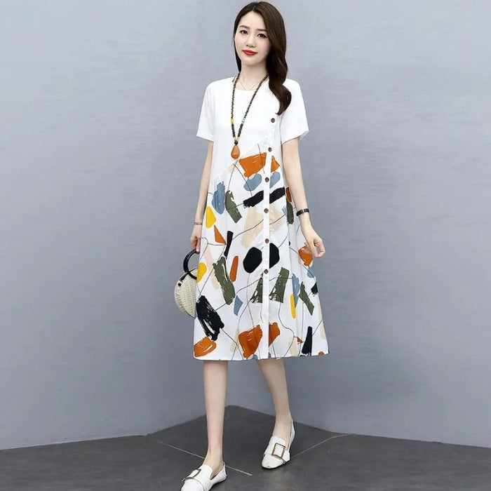 Summer Plus Size Fashion Patchwork Dress2025New Loose Slimming Belly-Covering Age-Reducing Elegant Fake Two-Piece Dress