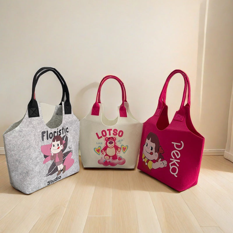 New Trendy Cartoon Felt Bag Printed Felt Tote Bag Large Capacity Exquisite Student Bag Travel Bag Storage Bag