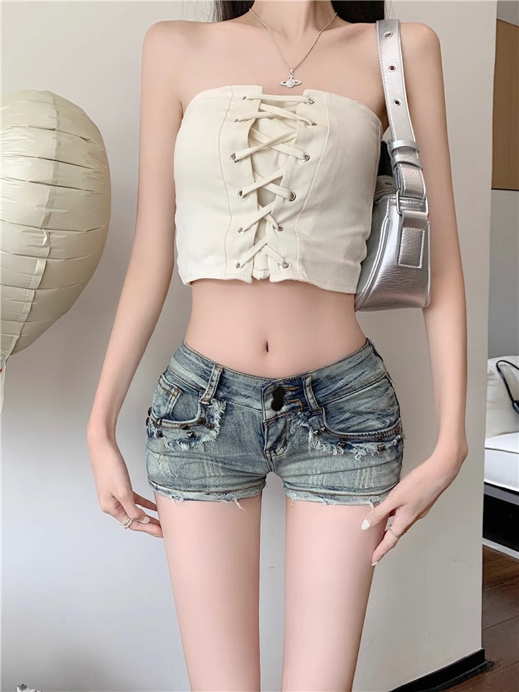 Muzi Nana American Style Spicy Girl Low Waist Denim Ultra Short Pants for Women2024New Tight-Fitting Hip-Hugging Hot Pants Blue Frayed Edge