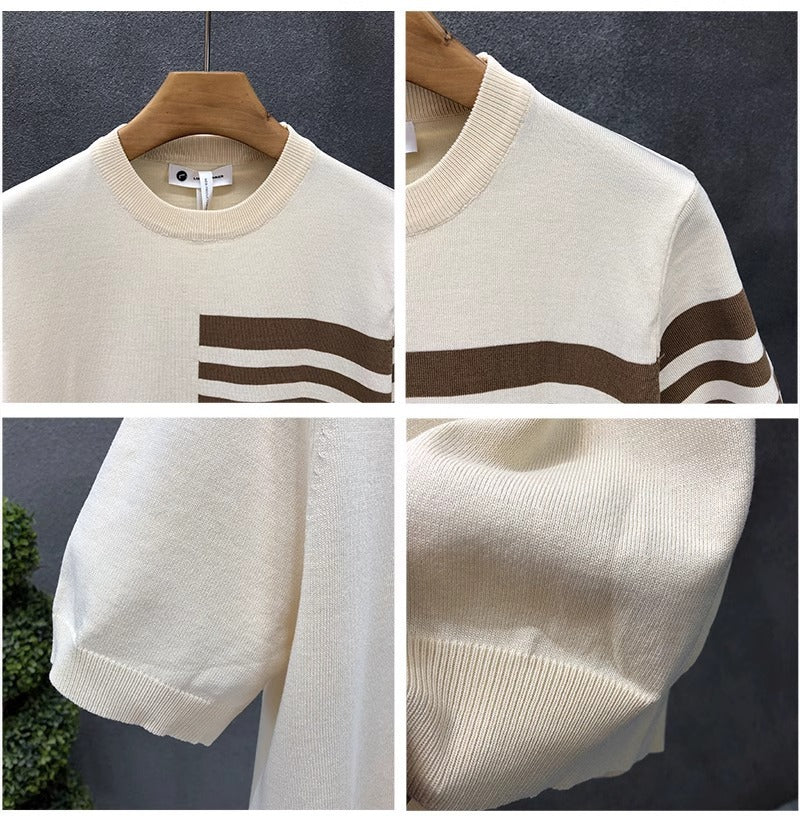 2025New Short Sleeve Knitted Shirt for Men, Striped, Simple, High-End Business, Mature, Slim Fit, Ice Silk T Men's Shirt
