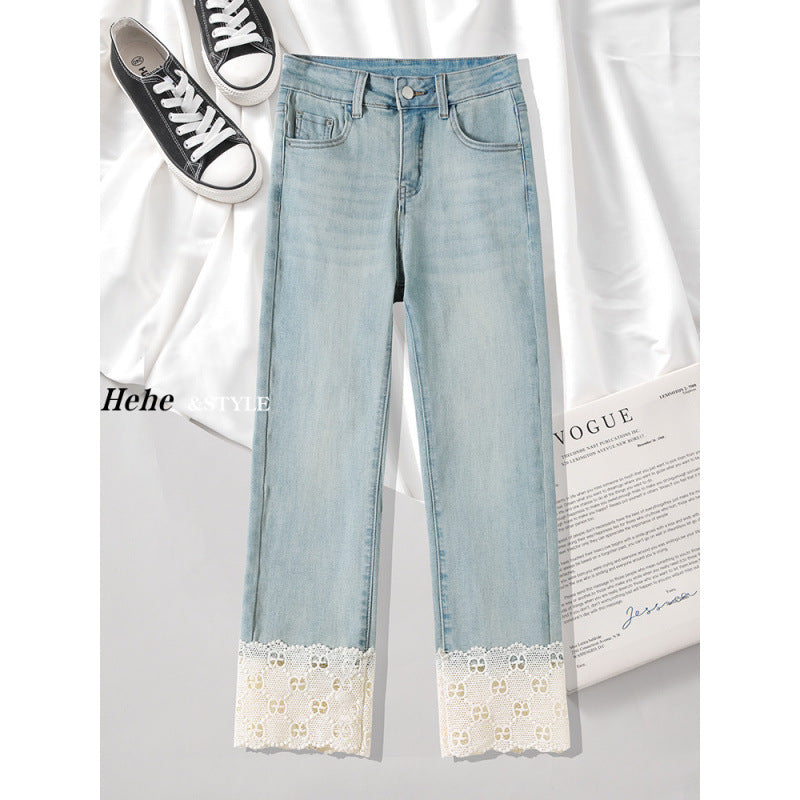 ins Women's Summer Mesh Straight Jeans2025New High-Waisted Slimming Elegant Petite Nine-Point Cigarette Pants