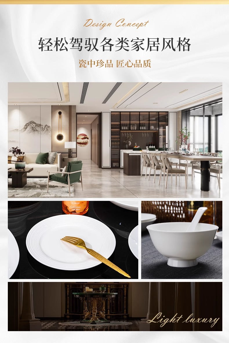 Tangshan Bone China Pure White Underglaze Color Bowl and Plate Set Household Combination Tableware Set Bowl Plate Dish Gift Box High Temperature Porcelain