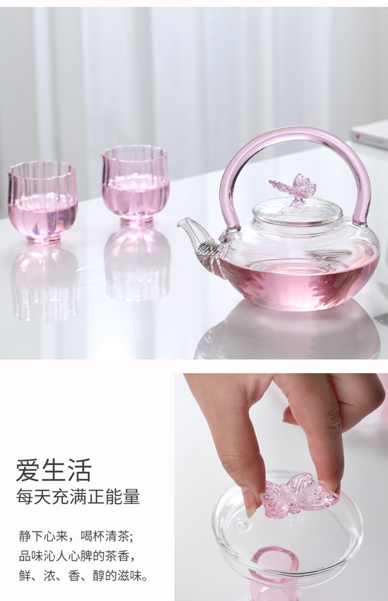 Teapot with Pink Handle Butterfly Teapot High Borosilicate Heat-Resistant Glass Teapot Electric Ceramic Stove Special Tea Brewing Teapot Flower Tea Teapot