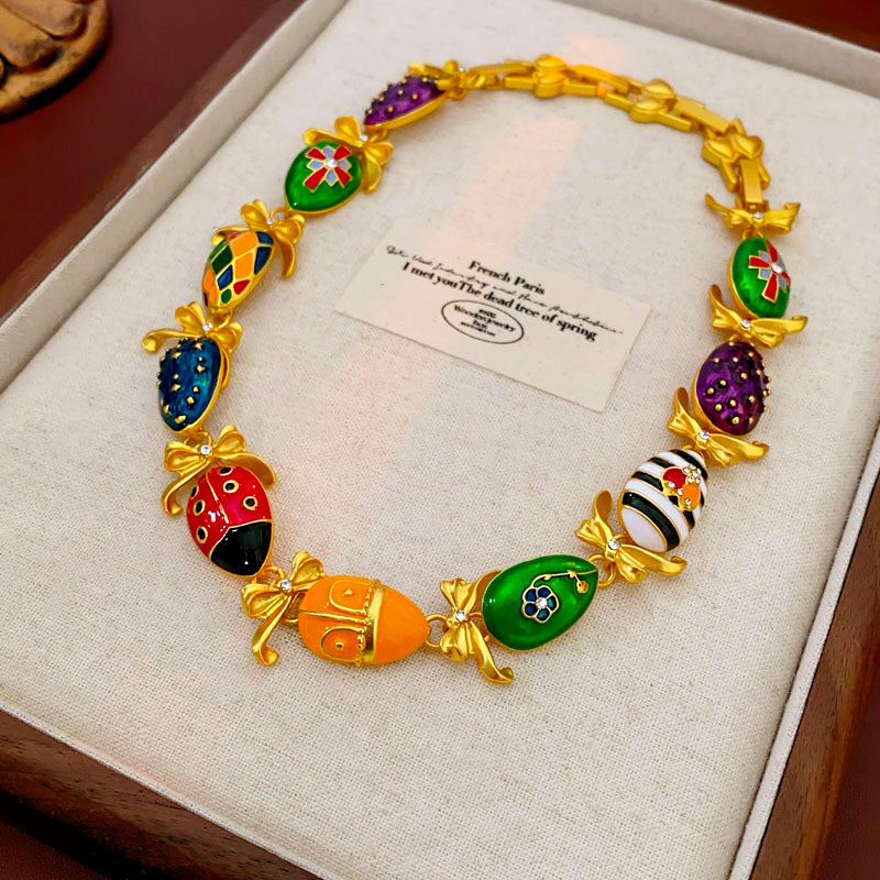 Medieval vintage Water Drop Flower Bow Necklace Palace Style Diamond Inlaid Oil Drop Collarbone Chain High-end Jewelry