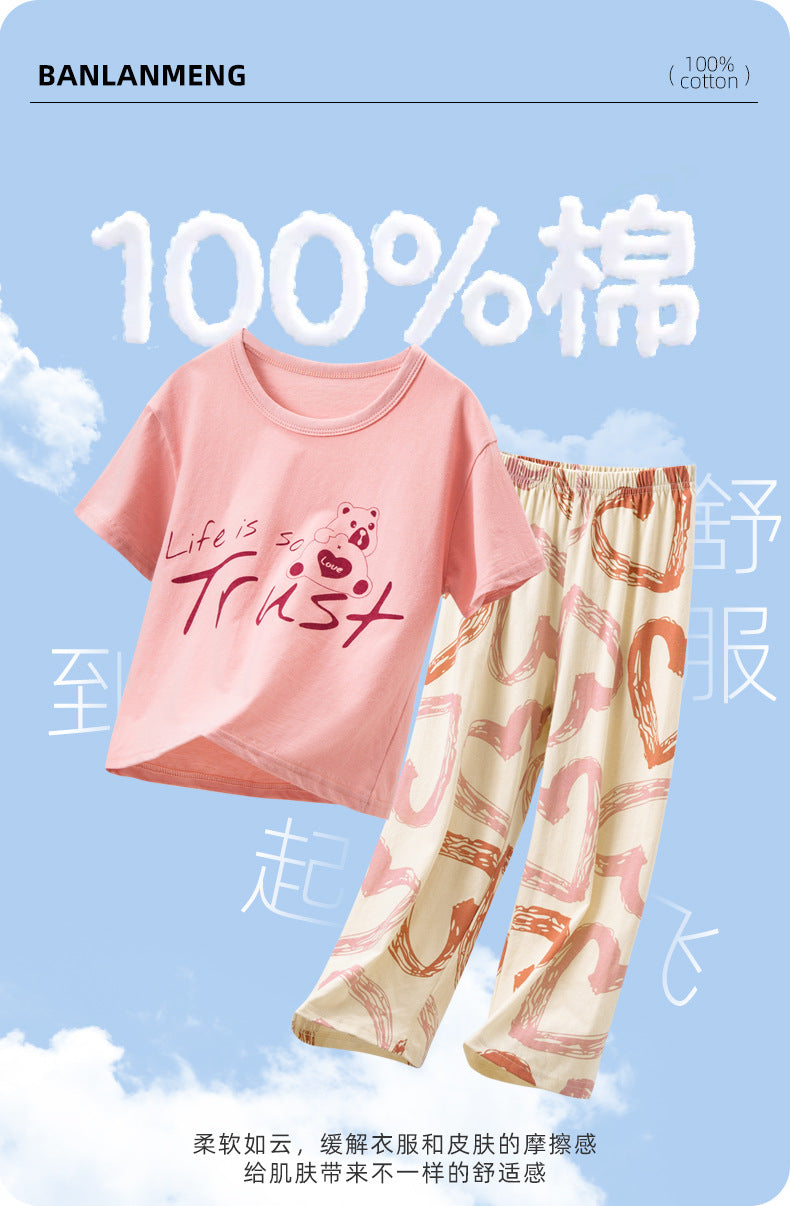 Parent-Child Cotton Homewear Summer Style Children's Short Sleeve Long Pants Set Cartoon Air Conditioning Clothing Sweat-Absorbing Printed Pajamas Couple Outfit