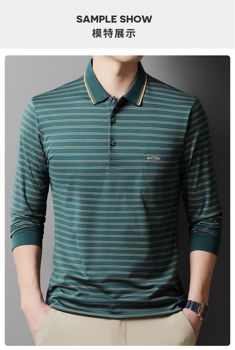 Autumn Men's Long Sleeve Cotton t Shirt for Middle-aged Dad Autumn Outfit with Turn-down Collar and Stripes POLO Base Layer Shirt T Grandpa's clothes