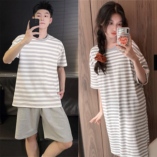 Couple Summer New Pajamas Women's Short Sleeve Imitation Cotton Nightdress Korean Style Wearable Men's Homewear Striped Set