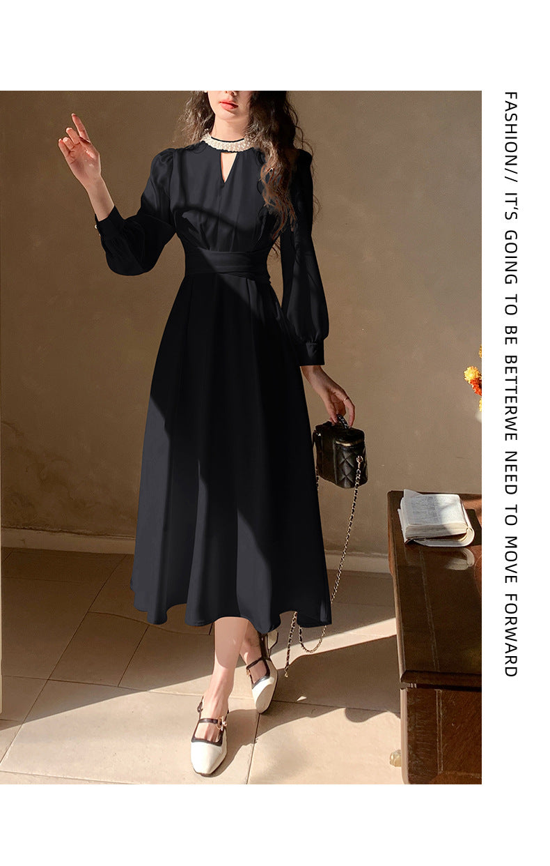 French A Line skirt2025Spring and Summer New Women's Long Sleeve Dress Waist Slimming Elegant Acetate Satin Long Dress