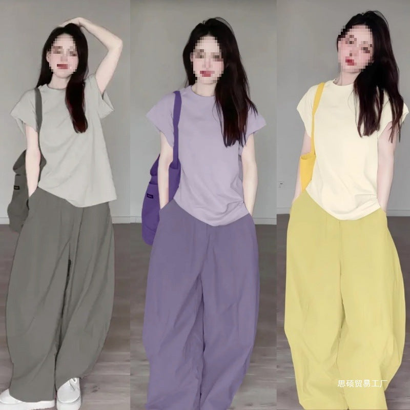 Summer Dopamine Full Set Shirt Wide-Leg Pants Two-Piece Set Lazy Style Fashion Casual Thin Suit for Petite Women