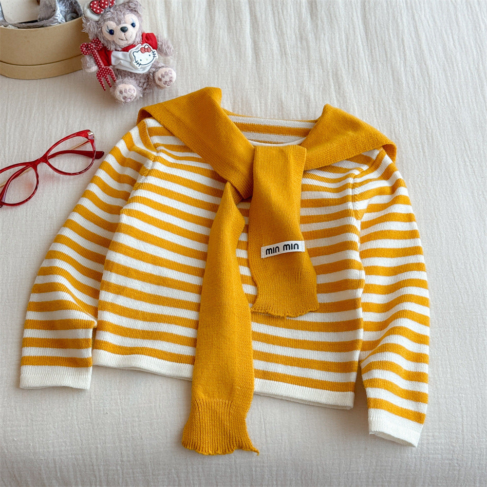 Girls' Striped Shawl Knitted Base Shirt for Outerwear, Autumn New Fashionable Color-Block Round Neck Long Sleeve T T shirt