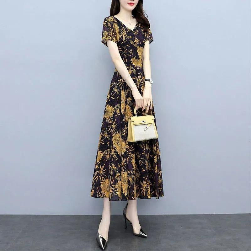 2022Summer New Chiffon Floral Dress Slimming Waist Plus Size Women mm Tummy-Covering Elegant Long Dress