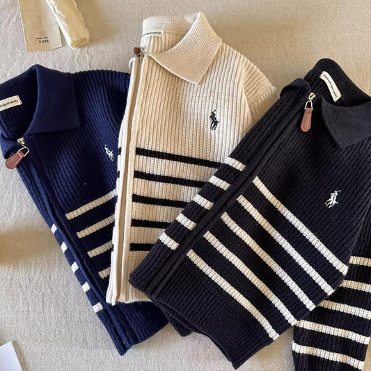 Children's Sweater2025Autumn Style Trendy Brand Boys' Striped Knitted Cardigan Baby Toddler Stylish Zipper Jacket Coat